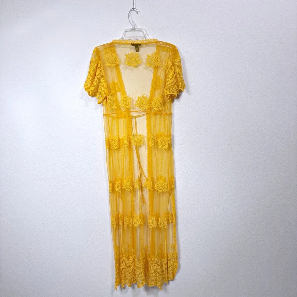 Aqua Sheer Lace Maxi Cardigan Boho Whimsigoth Coquette Festival‎ Yellow Women M